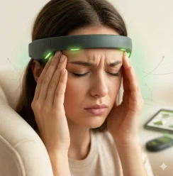 אישה עם מיגרנה מאזינה לערכה דיגטלית