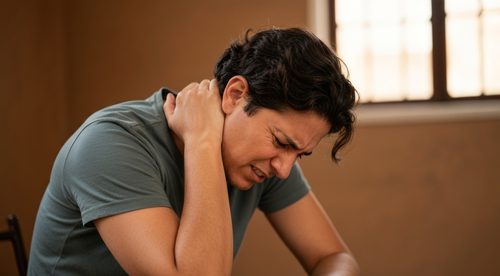 אדם ישראלי לוחץ על הצוואר מתוך מתח ועייפות